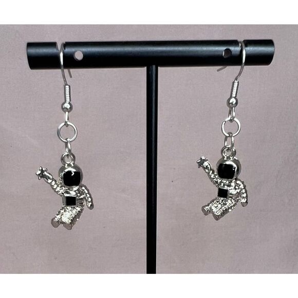 Handmade Dangly Silver Spaceman Earrings - Picture 2 of 3